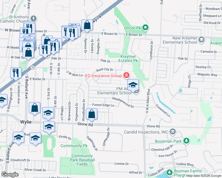 map of restaurants, bars, coffee shops, grocery stores, and more near 829 Foxwood Lane in Wylie