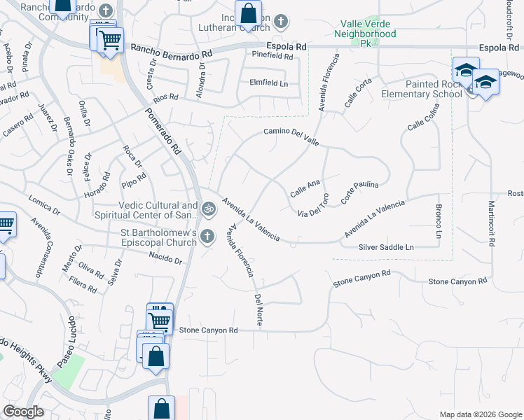 map of restaurants, bars, coffee shops, grocery stores, and more near 16309 Avenida Florencia in Poway