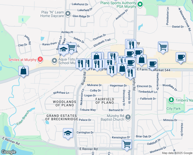 map of restaurants, bars, coffee shops, grocery stores, and more near 306 West Farm to Market Road 544 in Murphy