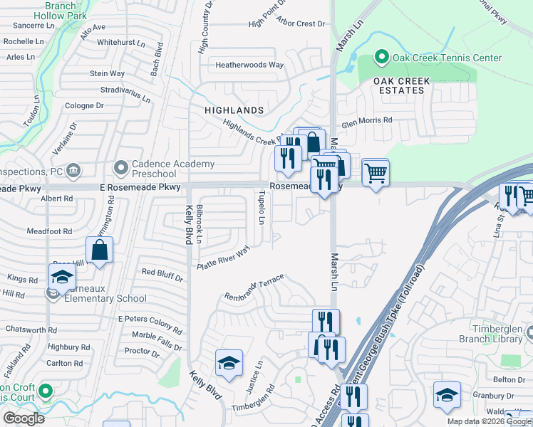 map of restaurants, bars, coffee shops, grocery stores, and more near 18920 Tupelo Lane in Dallas