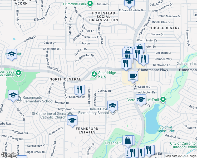 map of restaurants, bars, coffee shops, grocery stores, and more near 3650 Cemetery Hill Road in Carrollton