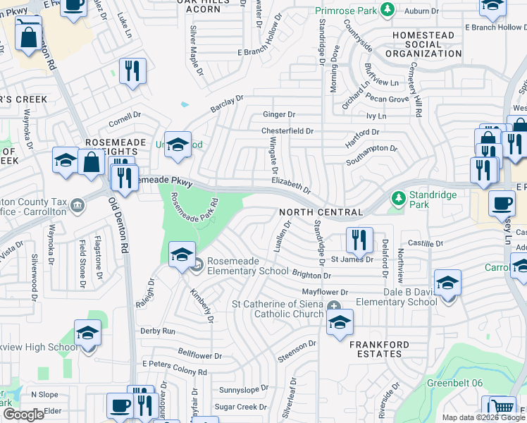 map of restaurants, bars, coffee shops, grocery stores, and more near 1531 Raleigh Drive in Carrollton