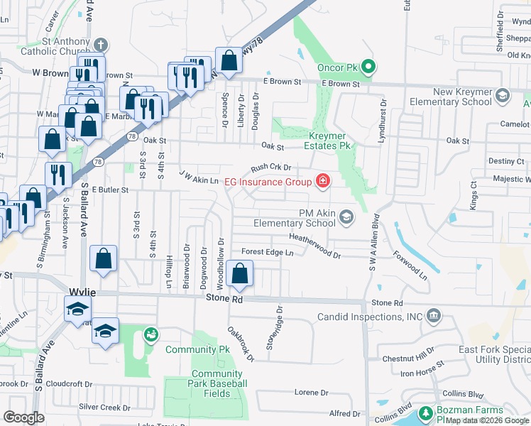map of restaurants, bars, coffee shops, grocery stores, and more near 815 Foxwood Lane in Wylie