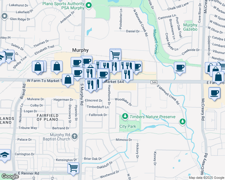 map of restaurants, bars, coffee shops, grocery stores, and more near 115 Hawthorne Drive in Murphy