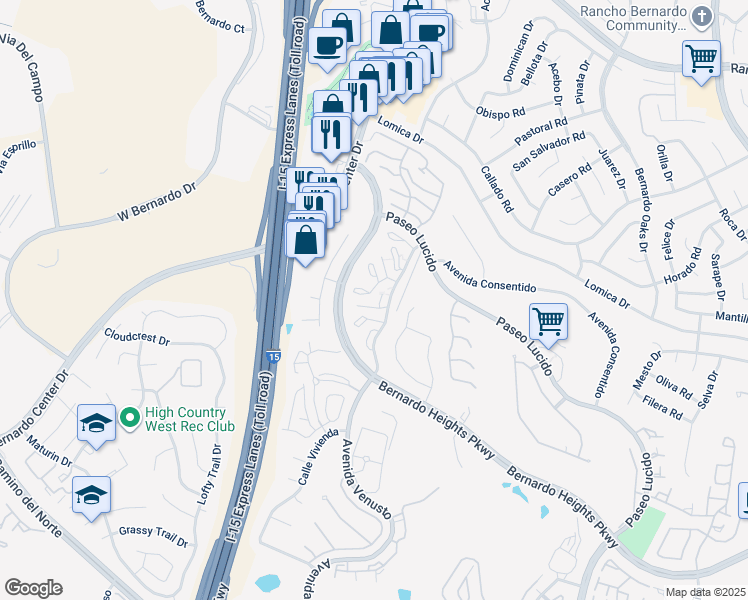 map of restaurants, bars, coffee shops, grocery stores, and more near 16310 Avenida Venusto in San Diego