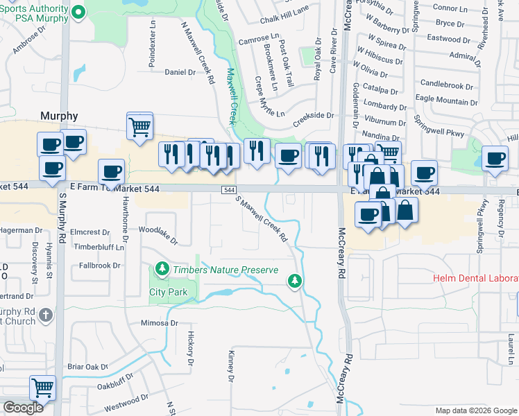 map of restaurants, bars, coffee shops, grocery stores, and more near 3750 Farm to Market Road 544 in Wylie