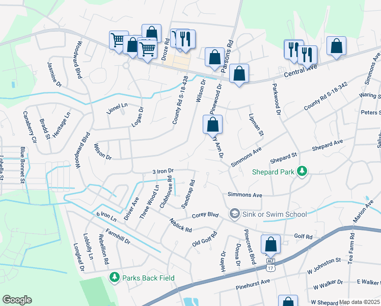 map of restaurants, bars, coffee shops, grocery stores, and more near 400 Pinewood Drive in Summerville