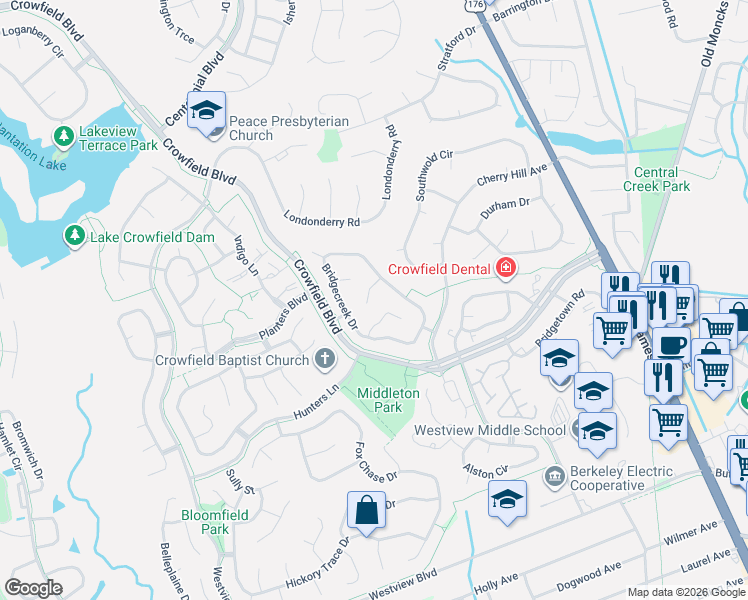 map of restaurants, bars, coffee shops, grocery stores, and more near 108 Downing Court in Goose Creek