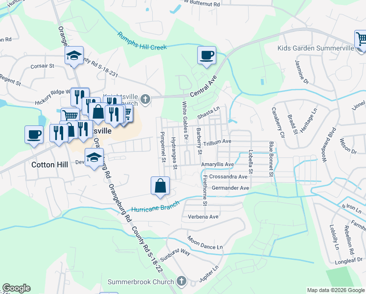map of restaurants, bars, coffee shops, grocery stores, and more near 217 Hydrangea Street in Summerville