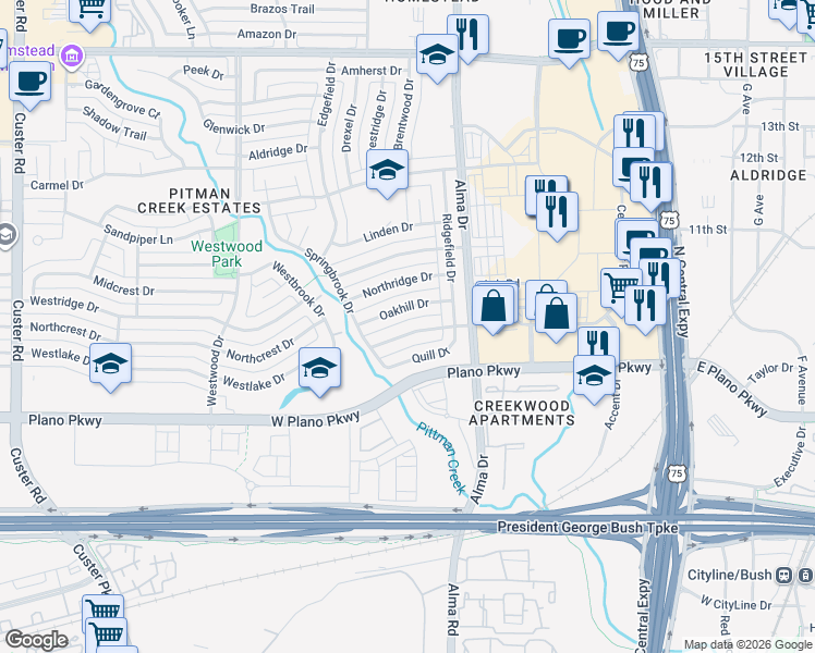 map of restaurants, bars, coffee shops, grocery stores, and more near 1313 Potomac Drive in Plano