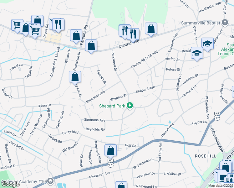 map of restaurants, bars, coffee shops, grocery stores, and more near 214 Shepard Street in Summerville