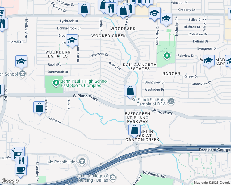 map of restaurants, bars, coffee shops, grocery stores, and more near 2916 Princeton Drive in Plano