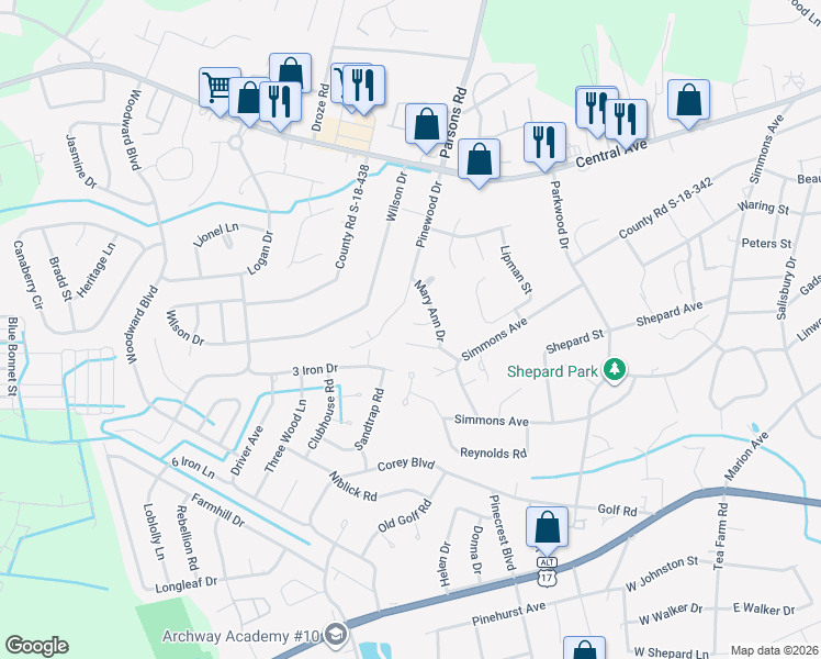 map of restaurants, bars, coffee shops, grocery stores, and more near 105 Ellen Court in Summerville