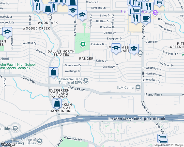 map of restaurants, bars, coffee shops, grocery stores, and more near 2516 Westridge Drive in Plano