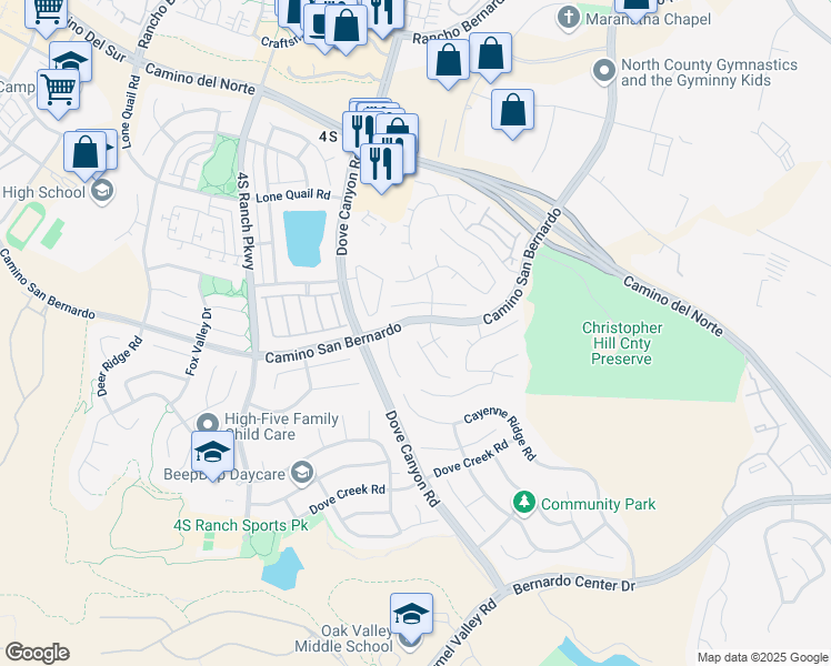 map of restaurants, bars, coffee shops, grocery stores, and more near 16390 Alipaz Court in San Diego