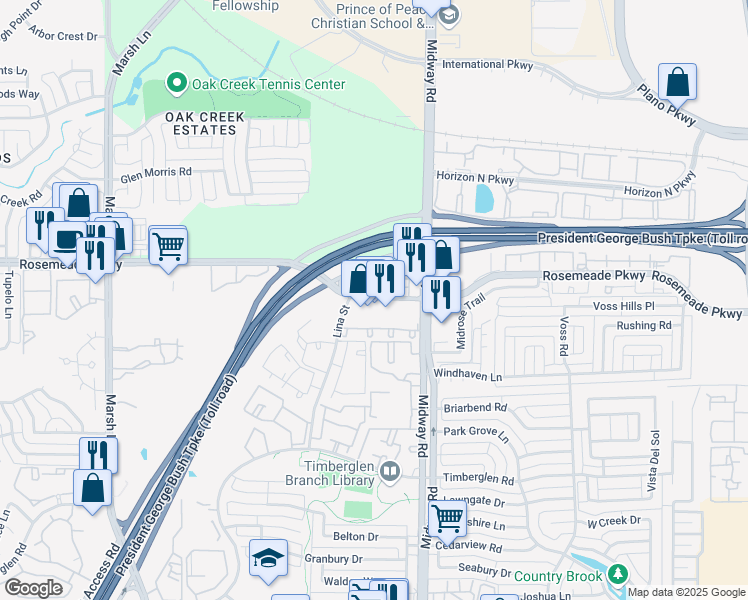 map of restaurants, bars, coffee shops, grocery stores, and more near 3939 Rosemeade Parkway in Dallas
