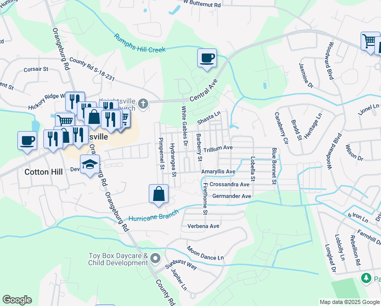 map of restaurants, bars, coffee shops, grocery stores, and more near 221 White Gables Drive in Summerville