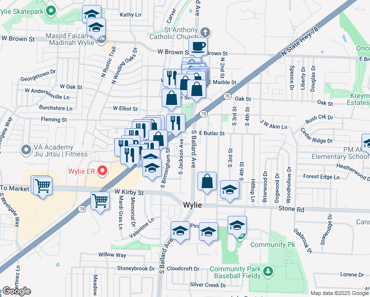 map of restaurants, bars, coffee shops, grocery stores, and more near 110 College Street in Wylie