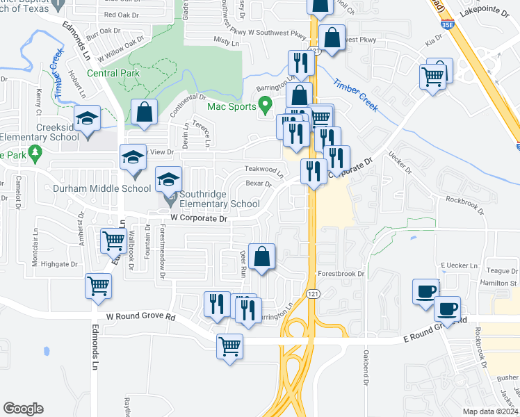 map of restaurants, bars, coffee shops, grocery stores, and more near 240 Heritage Hill Drive in Lewisville