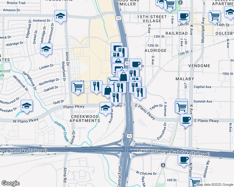 map of restaurants, bars, coffee shops, grocery stores, and more near 721 North Central Expressway in Plano