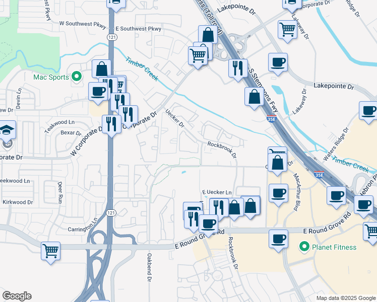 map of restaurants, bars, coffee shops, grocery stores, and more near 2200 South Uecker Drive in Lewisville