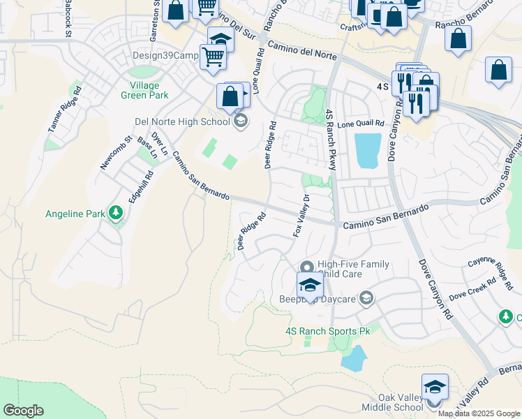 map of restaurants, bars, coffee shops, grocery stores, and more near 16392 Deer Ridge Road in San Diego