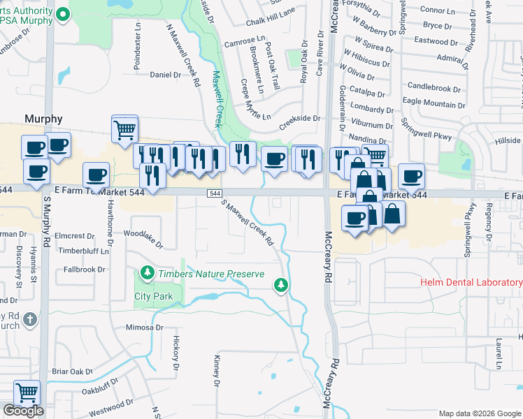 map of restaurants, bars, coffee shops, grocery stores, and more near 3750 Farm to Market Road 544 in Wylie