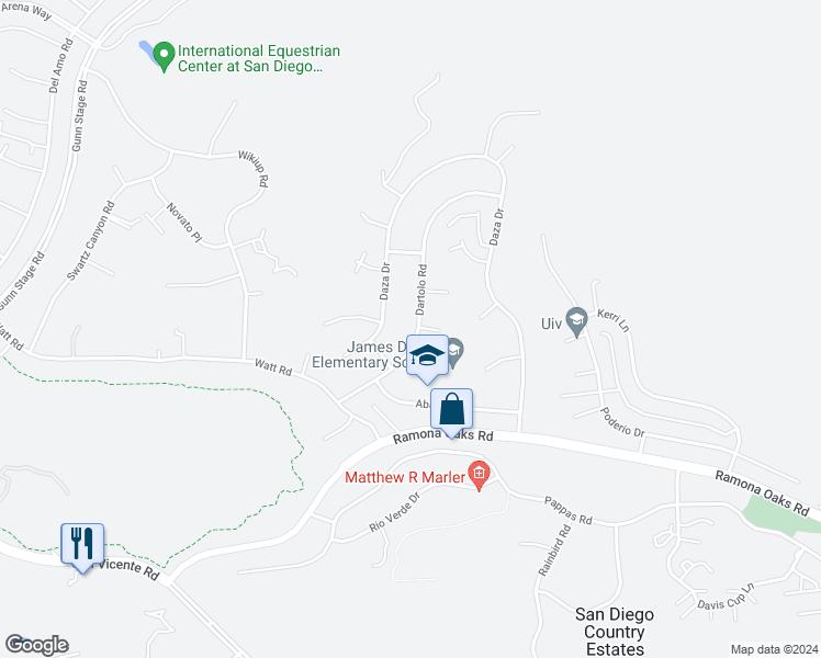 map of restaurants, bars, coffee shops, grocery stores, and more near 16234 Dartolo Road in Ramona