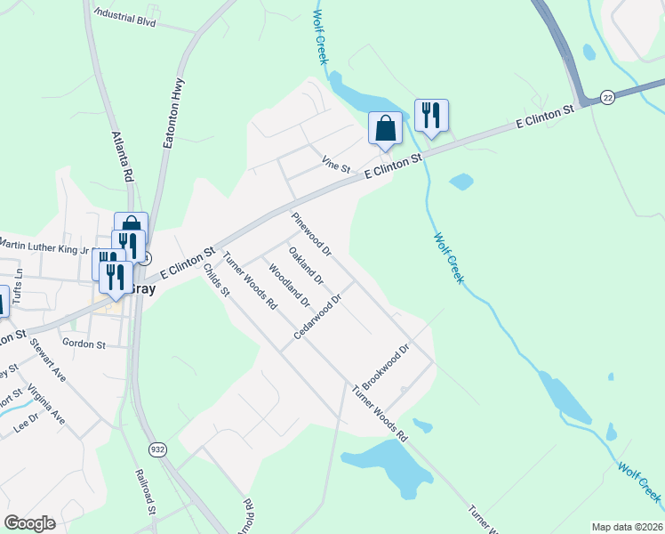 map of restaurants, bars, coffee shops, grocery stores, and more near 142 Pinewood Drive in Gray