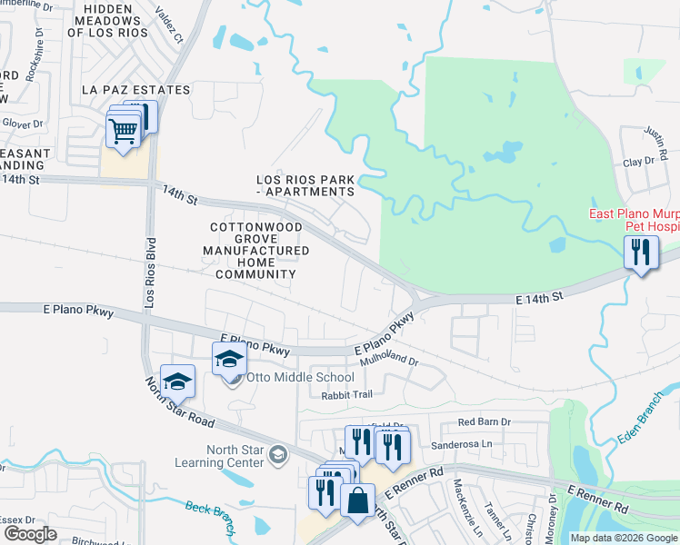 map of restaurants, bars, coffee shops, grocery stores, and more near 1320 Veloce Drive in Plano