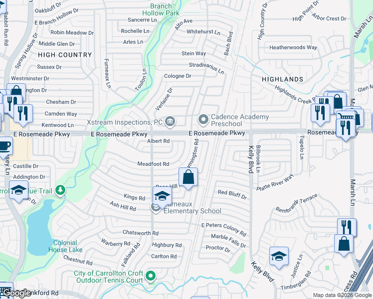 map of restaurants, bars, coffee shops, grocery stores, and more near 2132 Meadfoot Road in Carrollton