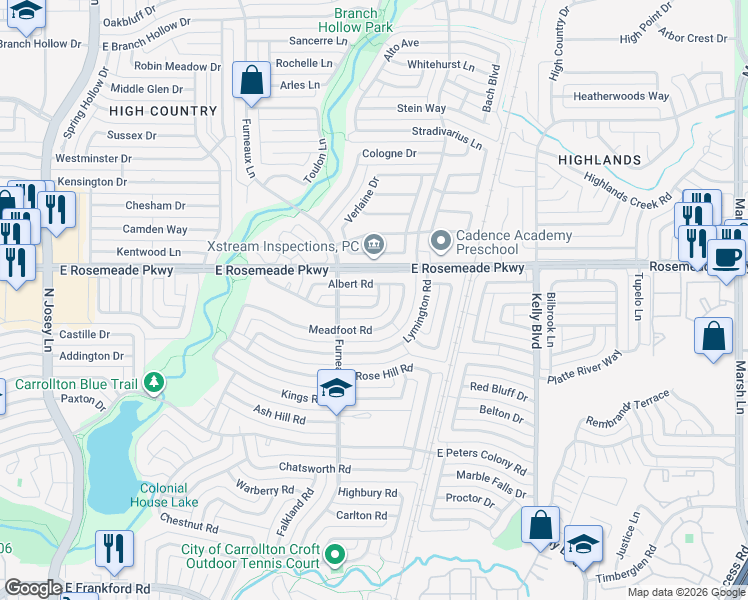 map of restaurants, bars, coffee shops, grocery stores, and more near 2113 Victoria Road in Carrollton