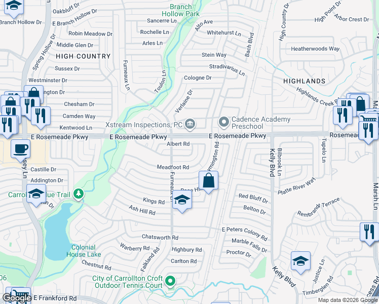 map of restaurants, bars, coffee shops, grocery stores, and more near 2113 Victoria Road in Carrollton