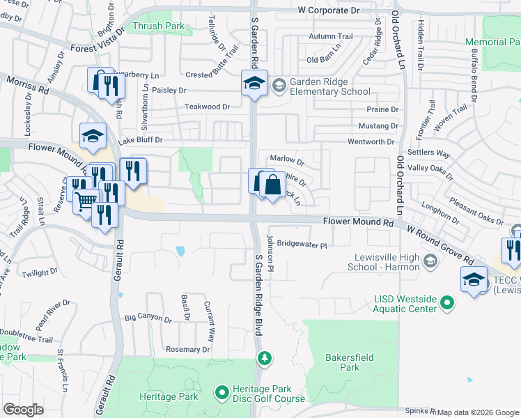 map of restaurants, bars, coffee shops, grocery stores, and more near 1900 Garden Ridge Road in Flower Mound