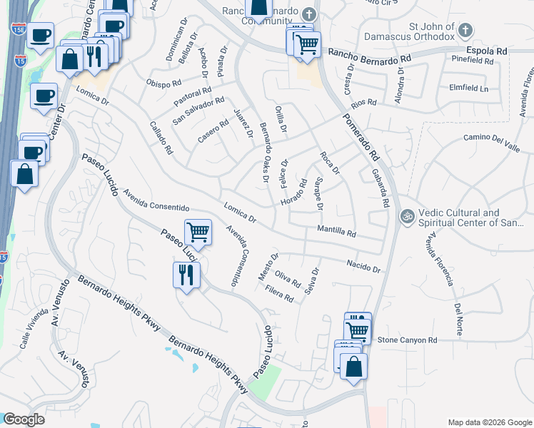 map of restaurants, bars, coffee shops, grocery stores, and more near 12281 Horado Road in San Diego
