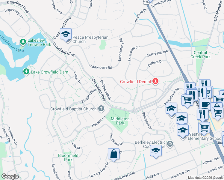 map of restaurants, bars, coffee shops, grocery stores, and more near 108 Downing Court in Goose Creek