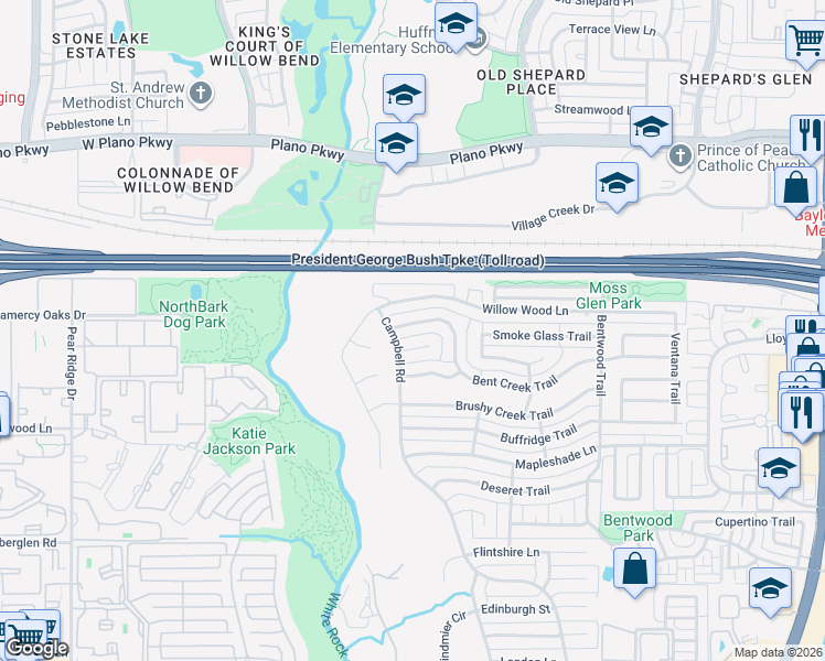 map of restaurants, bars, coffee shops, grocery stores, and more near 5614 Bent Creek Trail in Dallas