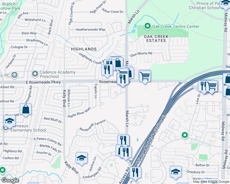 map of restaurants, bars, coffee shops, grocery stores, and more near 18949 Marsh Lane in Dallas