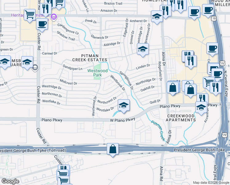 map of restaurants, bars, coffee shops, grocery stores, and more near 1512 Westridge Drive in Plano