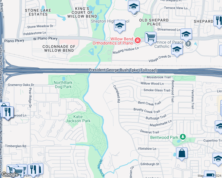 map of restaurants, bars, coffee shops, grocery stores, and more near 5512 Willow Wood Lane in Dallas