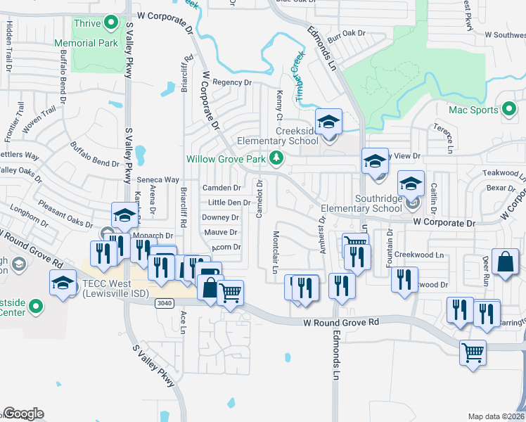 map of restaurants, bars, coffee shops, grocery stores, and more near 2077 Camelot Drive in Lewisville