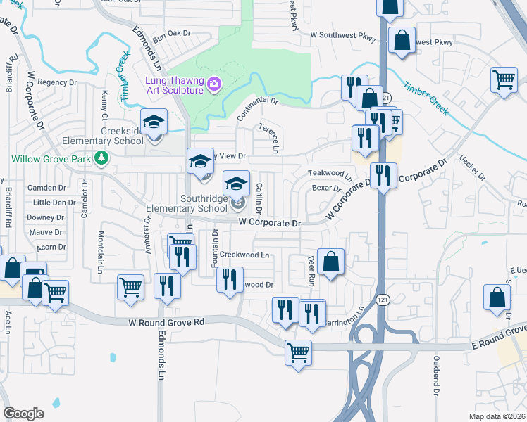 map of restaurants, bars, coffee shops, grocery stores, and more near 2045 Caitlin Dr in Lewisville