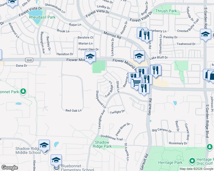 map of restaurants, bars, coffee shops, grocery stores, and more near 1608 Bar Harbor Lane in Flower Mound