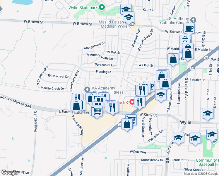 map of restaurants, bars, coffee shops, grocery stores, and more near 333 South Stephen Street in Wylie
