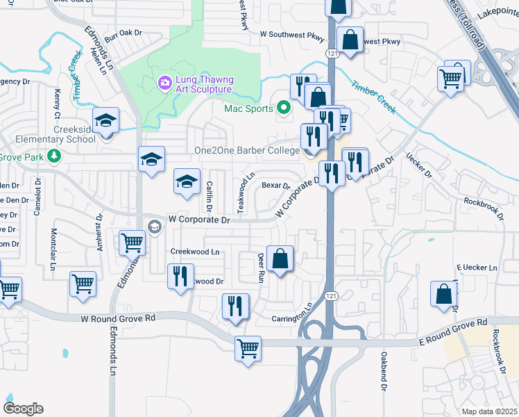 map of restaurants, bars, coffee shops, grocery stores, and more near 2385 San Jacinto Road in Lewisville