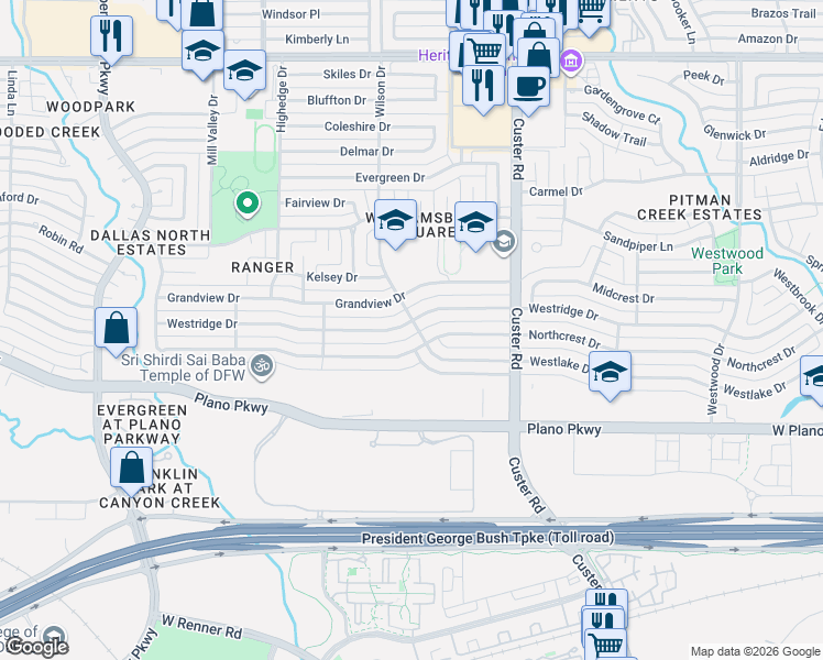 map of restaurants, bars, coffee shops, grocery stores, and more near 2300 Westridge Drive in Plano