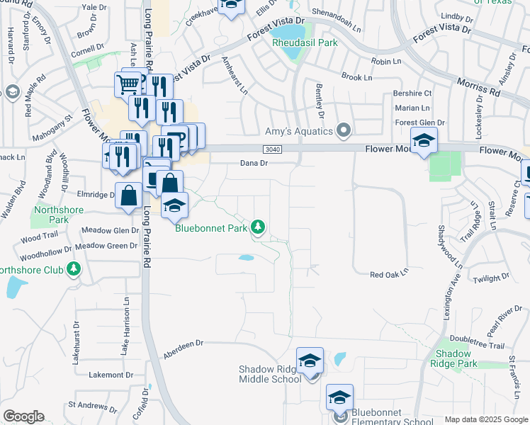 map of restaurants, bars, coffee shops, grocery stores, and more near 1819 Hill Ridge Drive in Flower Mound