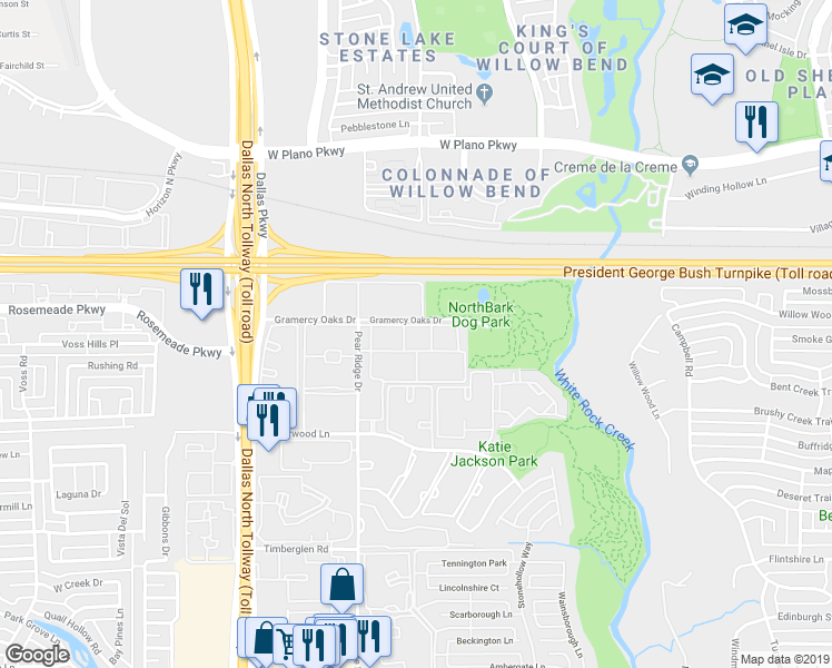 map of restaurants, bars, coffee shops, grocery stores, and more near 39 Gramercy Oaks Drive in Dallas
