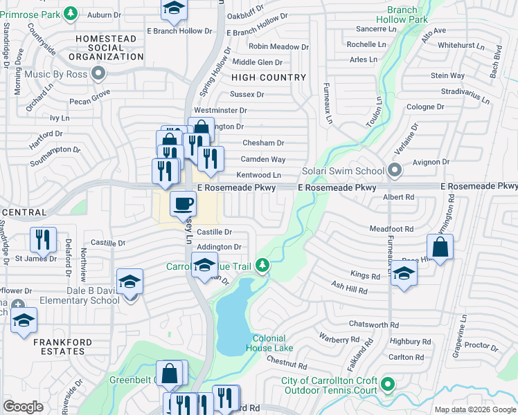 map of restaurants, bars, coffee shops, grocery stores, and more near 1910 Primrose Lane in Carrollton