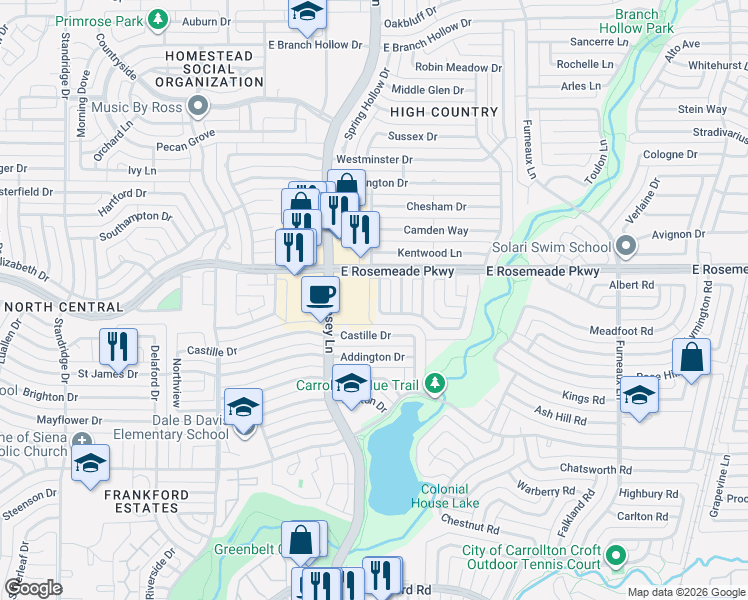 map of restaurants, bars, coffee shops, grocery stores, and more near 1910 Rambling Ridge Lane in Carrollton